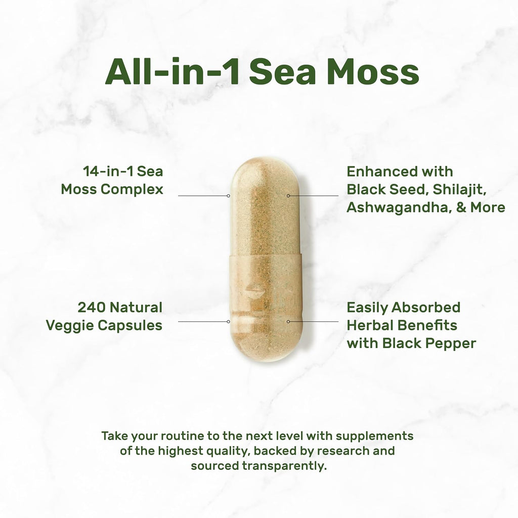 DEAL SUPPLEMENT Irish Sea Moss 240 Cápsulas Veganas – Complejo de 14 Superalimentos con Ashwagandha, Jengibre y Aceite de Semilla Negra