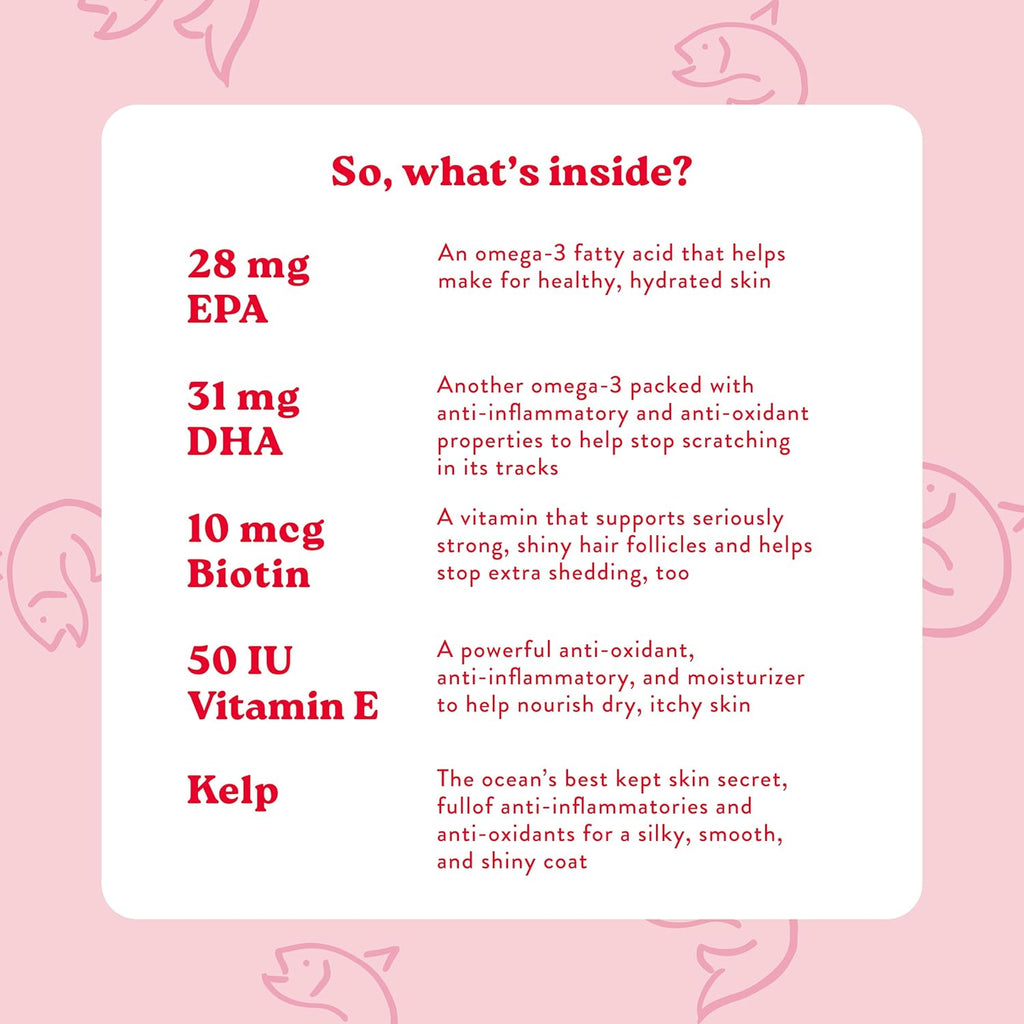 Bocce's Bakery Suplemento para la Piel y el Pelaje de Perros - Masticables Diarios con Vitamina E y Ácidos Grasos Esenciales - Sabor Salmón - 60 unidades
