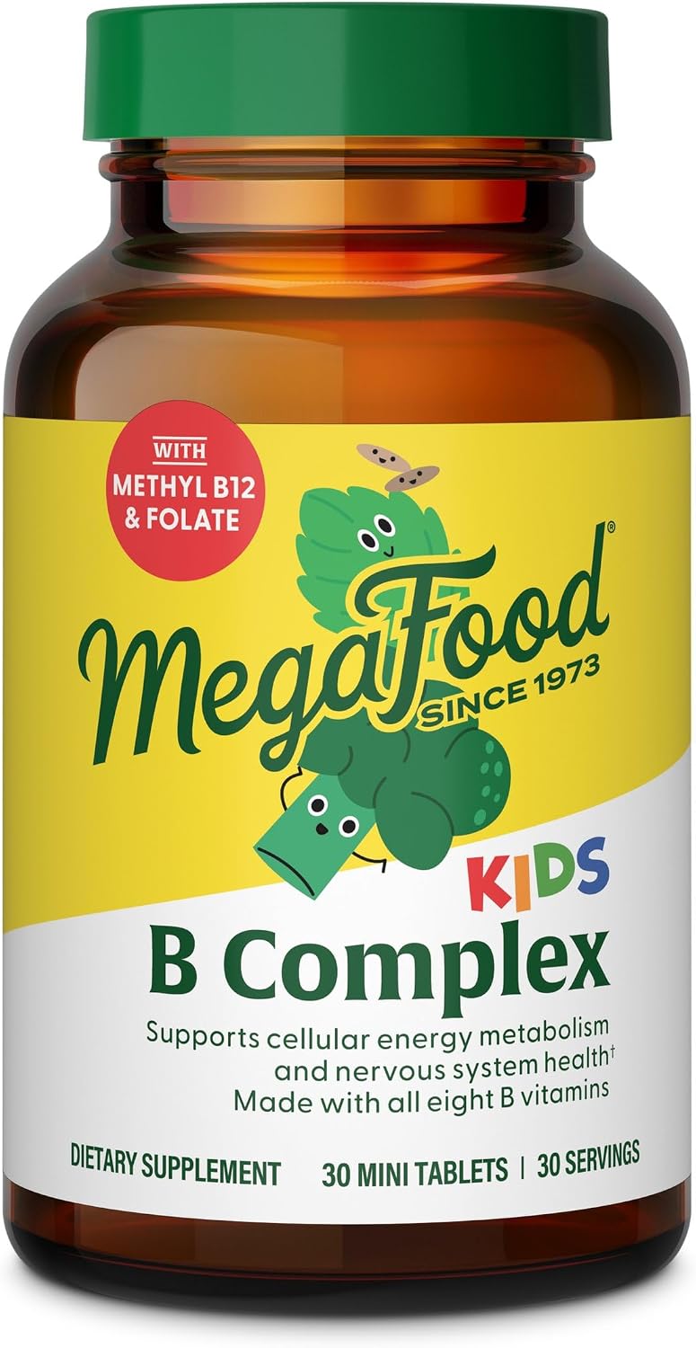 MegaFood Kids Vitamin B Complex – Vitamin B Complex with B12, B6, Folate, Biotin, Zinc, Lemon Balm & L-Theanine – Supports Cellular Energy Metabolism – 30 Mini Tablets