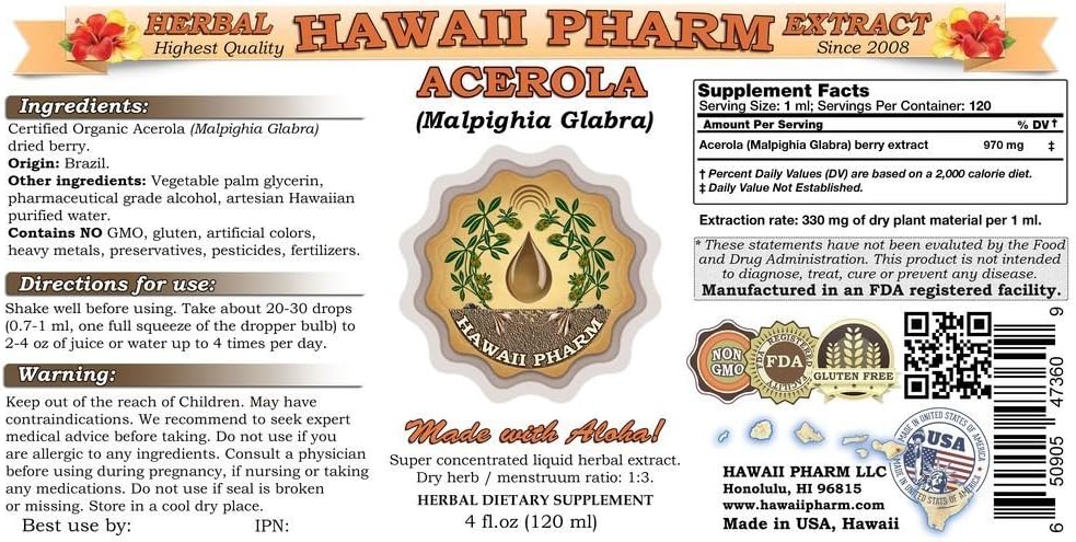 Hawaii Pharm Liquid Extract of Acerola (Malpighia Glabra) - 4x4 oz