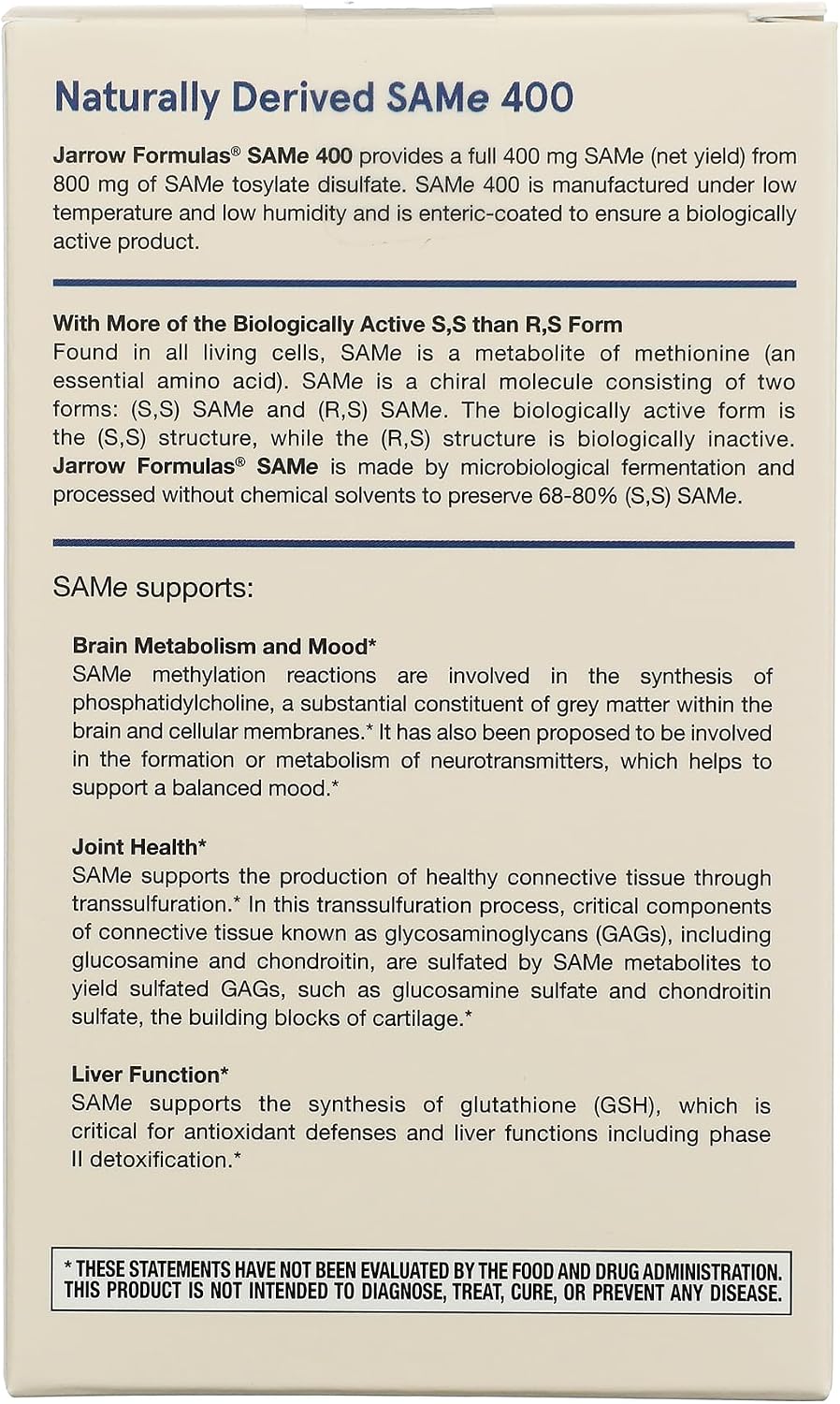 Jarrow Formulas SAM-e 400 mg, 30 Tabletas