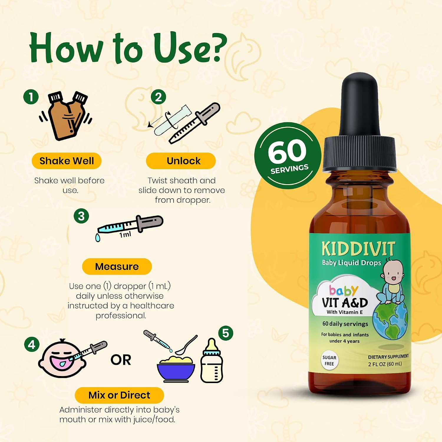 Kiddivit Baby Vitamin A&D Liquid Drops – Gotas de Vitaminas A y D con Vitamina E para Bebés
