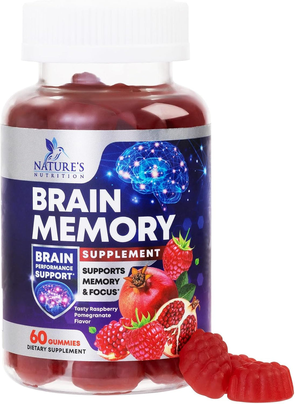 Nature's Nutrition Gominolas para Memoria y Concentración - Suplemento Cerebral 3X con Vitamina B6, B12 y Fosfatidilserina - 60 Gominolas