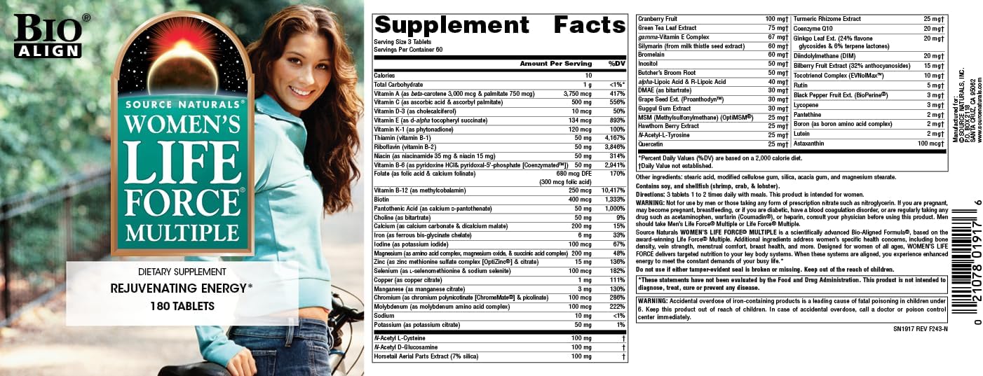 Source Naturals Women's Life Force Multiple, Multivitamínico Diario para Mujeres, 180 Comprimidos