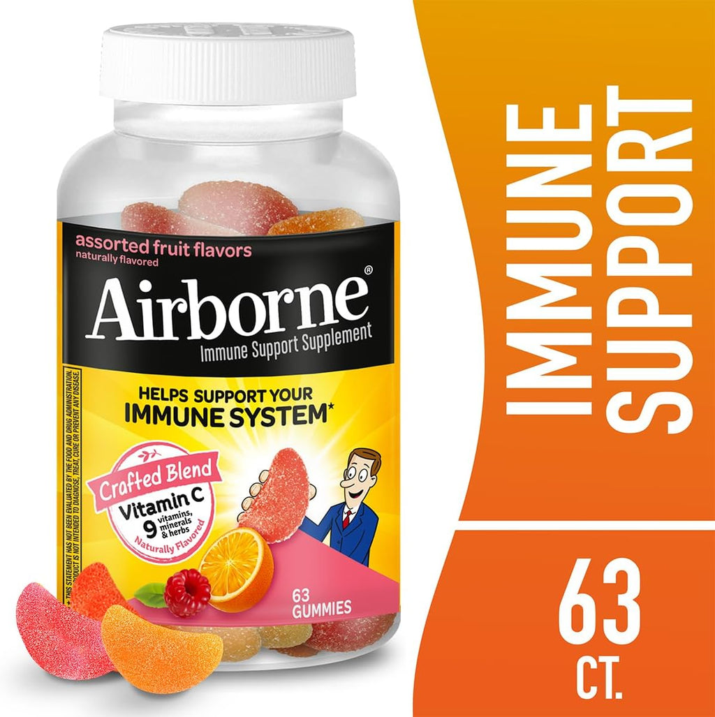 Airborne 750 mg Vitamina C Gominolas para Adultos, Sabor Frutas Variadas, Sin Gluten, 63 Gominolas (Paquete de 3)