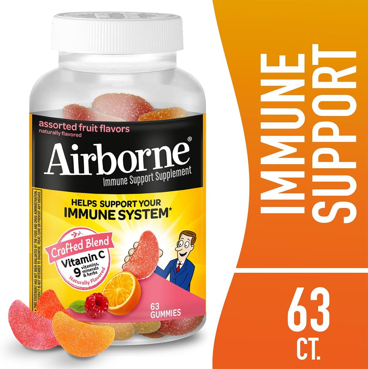 Airborne 750 mg Vitamina C Gominolas para Adultos, Sabor Frutas Variadas, Sin Gluten, 63 Gominolas (Paquete de 3)