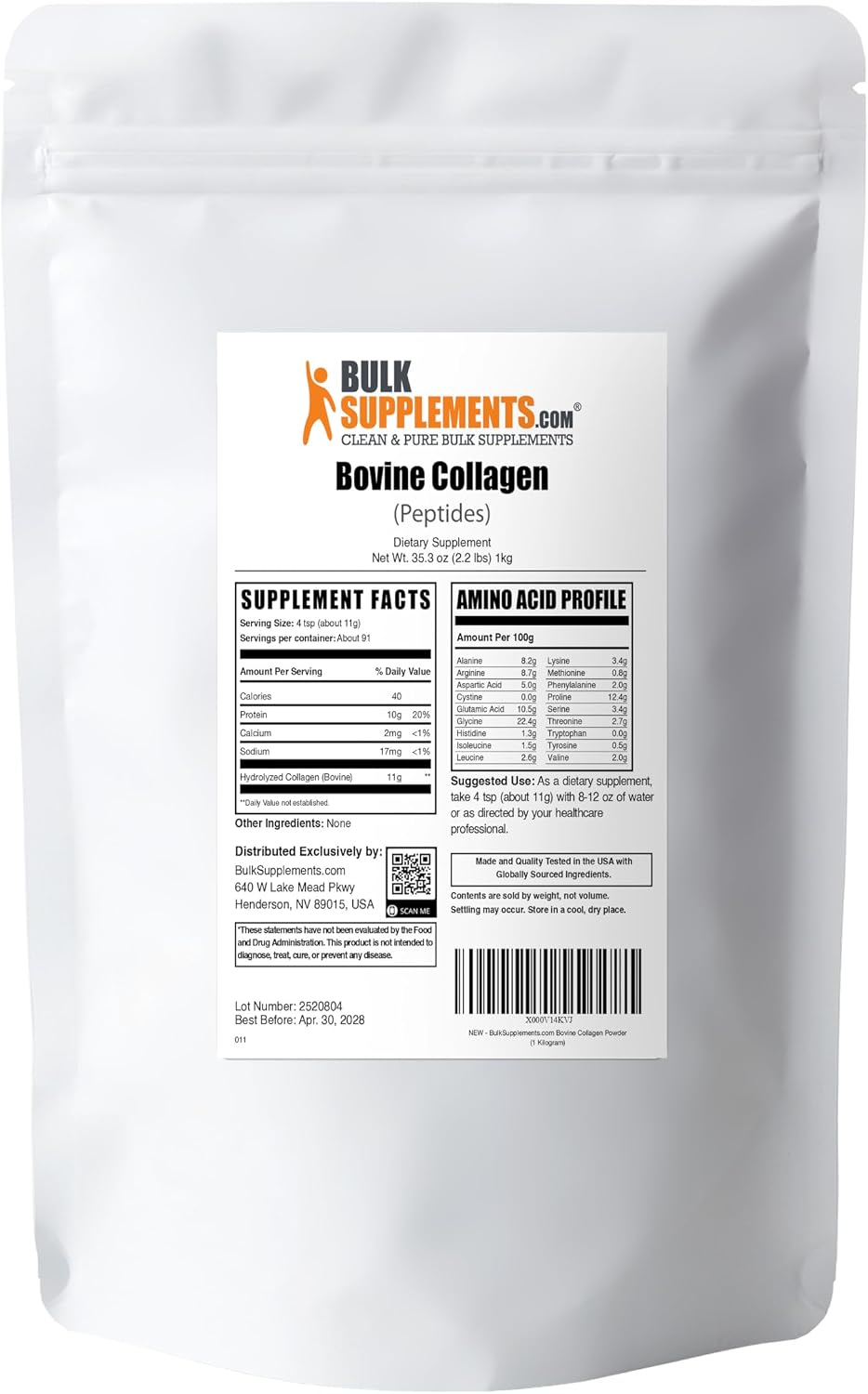 BulkSupplements.com Péptidos de Colágeno en Polvo - Colágeno Bovino Hidrolizado, Sin Sabor, 11 g por ración, 1 kg