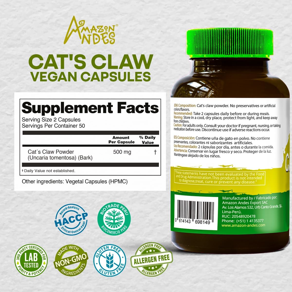 Cat's Claw (Uña de Gato) Cápsulas de 1000mg - Complemento Alimenticio Vegano