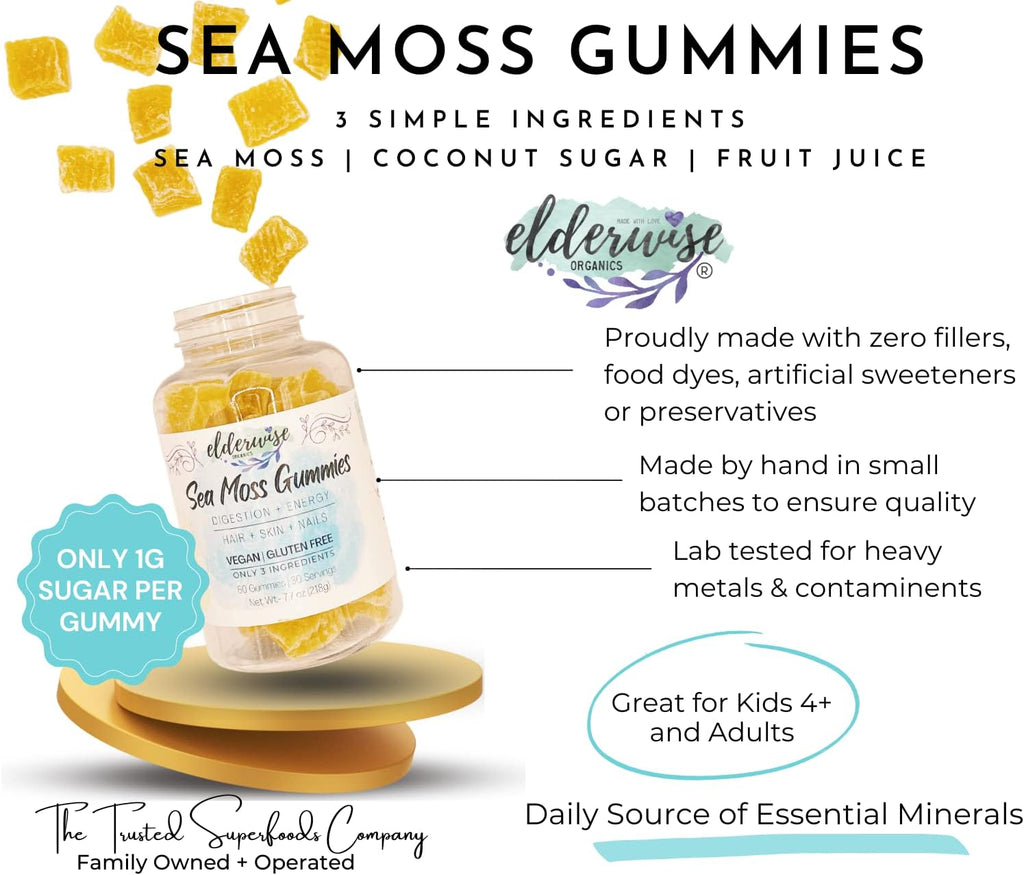 Elderwise Organics Made With Love Sea Moss Gummies | Only 3 Ingredients | Vegan | Premium Ingredients | Gluten Free | Sea Moss Gummy