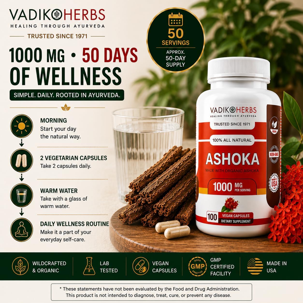 Vadik Herbs Cápsulas de corteza de Ashoka orgánica - 1000mg