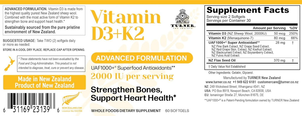 TURNER Vitamina D3 y K2 Cápsulas, Alta Potencia D3 2000 UI y K2 (MK7) 80 mcg, 120 Cápsulas (2 Meses)