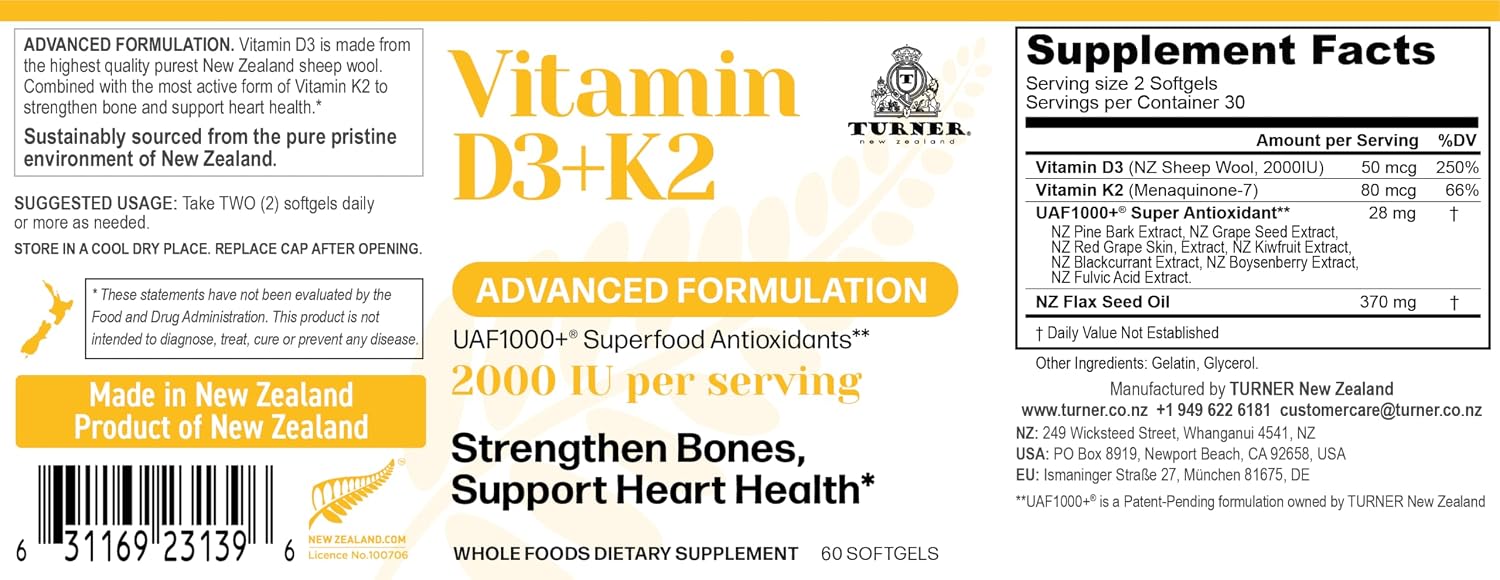TURNER Vitamina D3 y K2 Cápsulas, Alta Potencia D3 2000 UI y K2 (MK7) 80 mcg, 120 Cápsulas (2 Meses)
