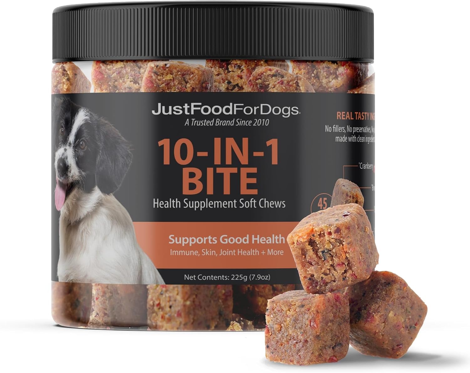 JustFoodForDogs 10-en-1 Suplemento para Perros, Masticables Multivitamínicos con Glucosamina y Condroitina, Omega 3, Superalimentos - 45 unidades