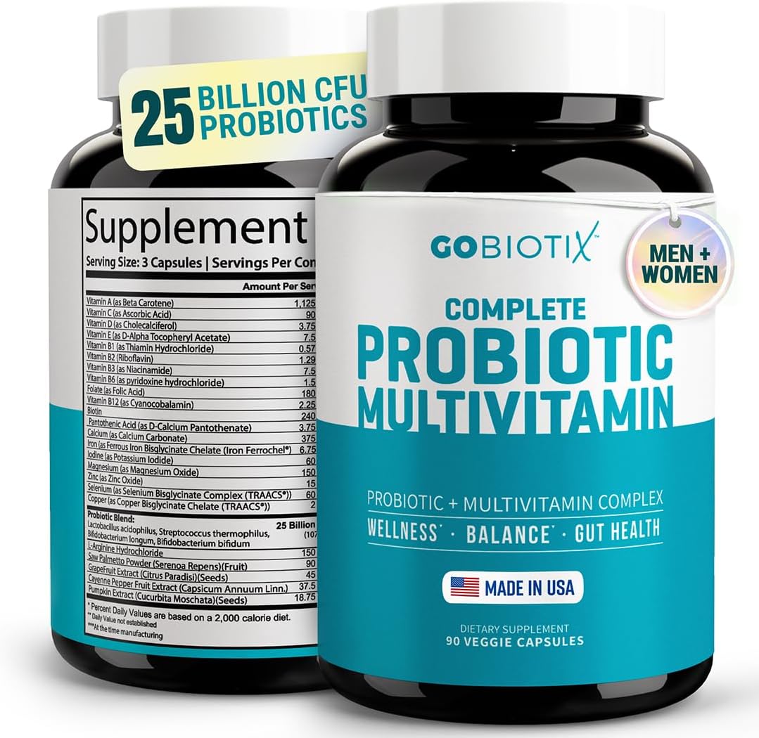GOBIOTIX Multivitamínico con Probióticos y Enzimas Digestivas - 25 mil millones de UFC - Salud Digestiva - 90 Cápsulas