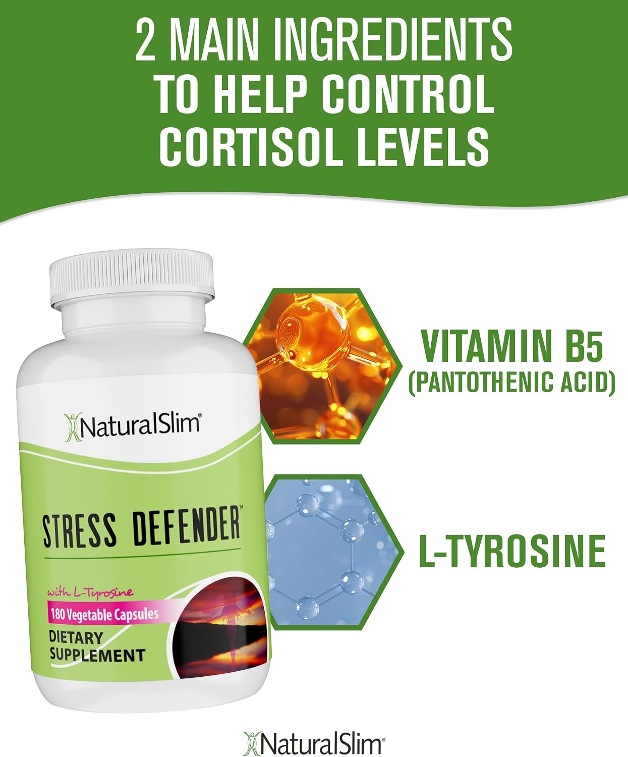 NaturalSlim Stress Defender | Reductor de Cortisol y Alivio del Estrés | Antojos, Sueño y Metabolismo | Vitamina B5 y L-Tirosina | 180 Cápsulas Vegetales, Paquete de 2