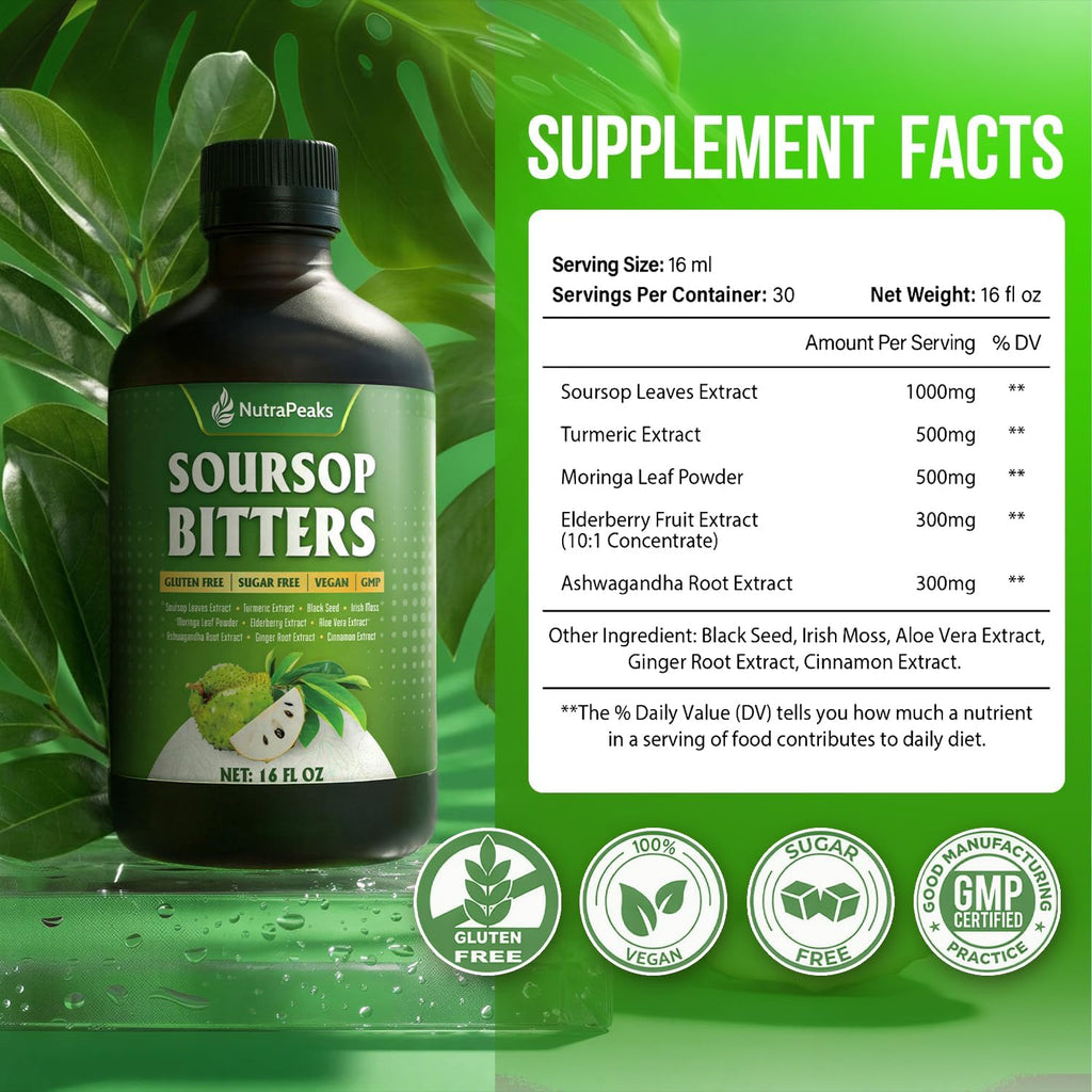 Soursop Bitters Líquido – Fórmula Herbal Detox con Soursop, Cúrcuma, Moringa y Semilla Negra – 473 ml