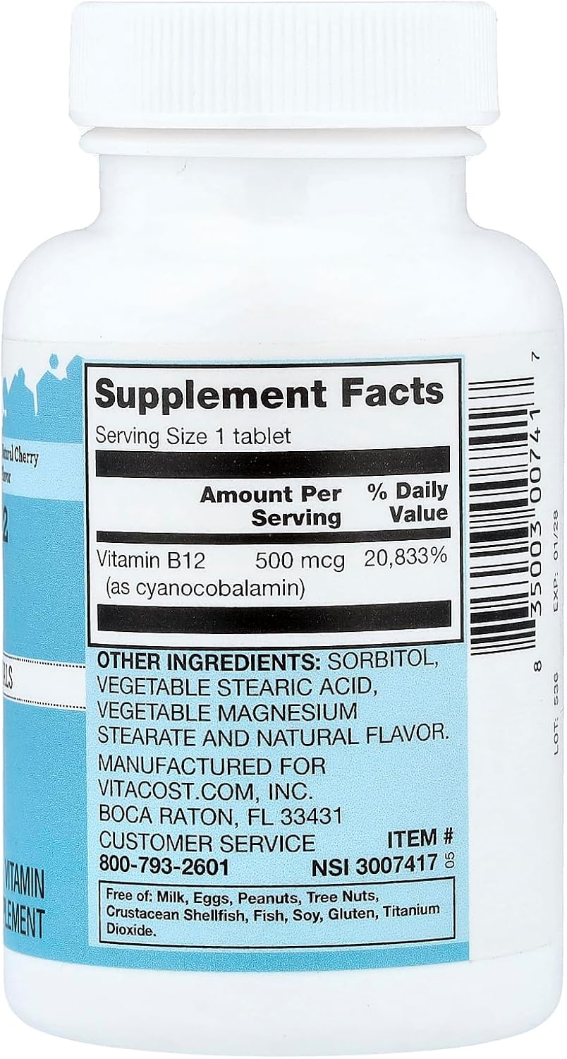 Vitacost Vitamina B12 Disolución Rápida 500 mcg - 250 Comprimidos Vegetarianos con Sabor Natural a Cereza
