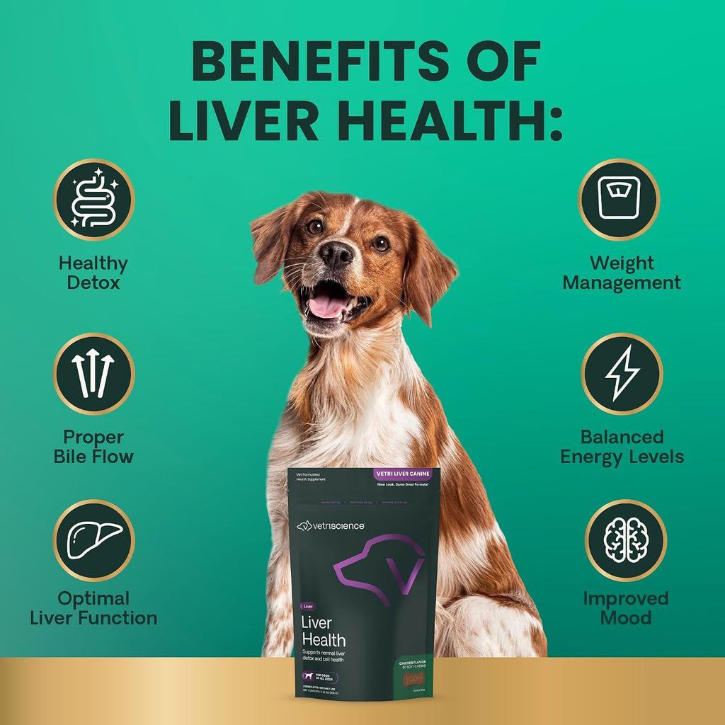 VetriScience Suplemento Hepático para Perros con Cardo Mariano, Alcachofa y Cúrcuma – 60 Masticables Sabor Pollo