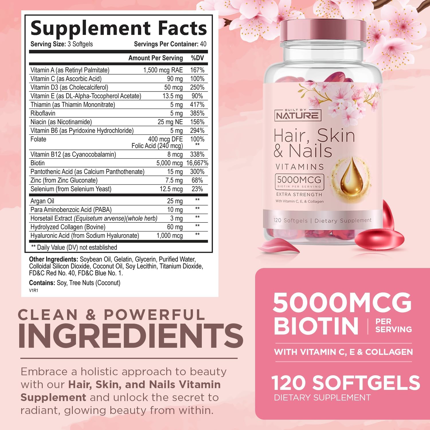 Built by Nature Vitaminas para Cabello, Piel y Uñas, 120 Cápsulas Blandas