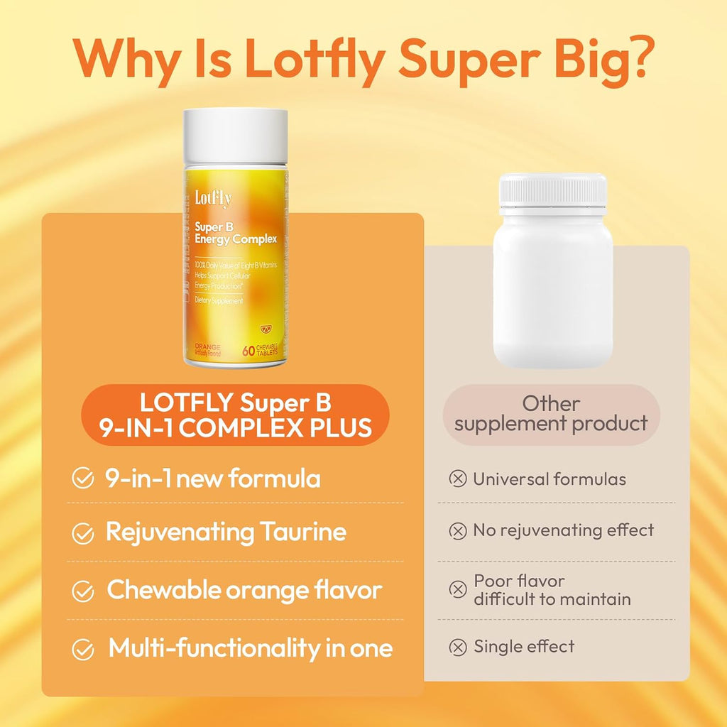 LOTFLY Complejo B Completo con Vitaminas B1-B12, Taurina y Naranja Sangre - 60 Comprimidos Masticables para Hombres y Mujeres