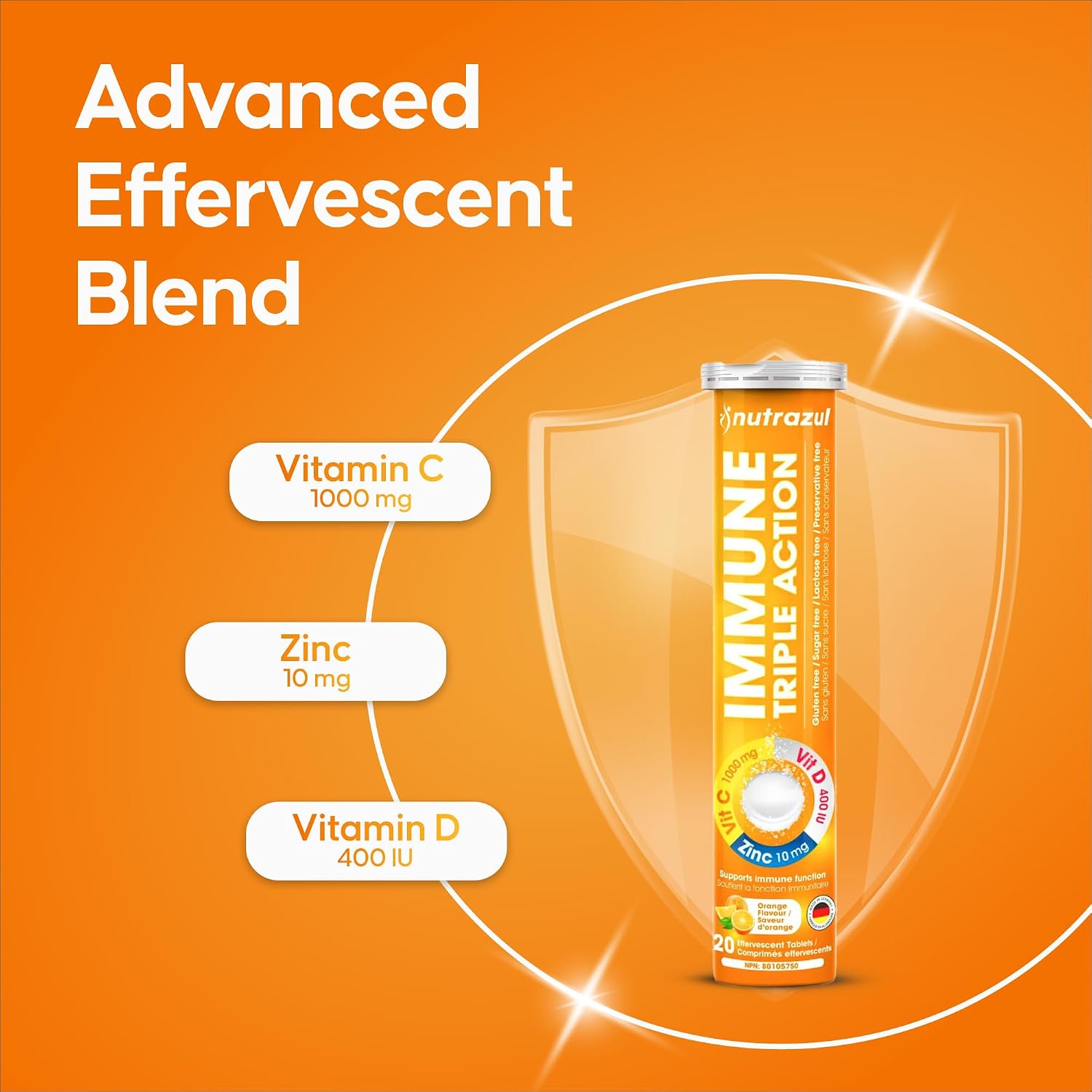 nutrazul Immune Triple Action Comprimidos Efervescentes con Vitamina C 1000mg, Vitamina D, Zinc, Sin Gluten, Sin Azúcar, Sin Lactosa, Sabor Naranja, 20 Comprimidos (Pack de 3)