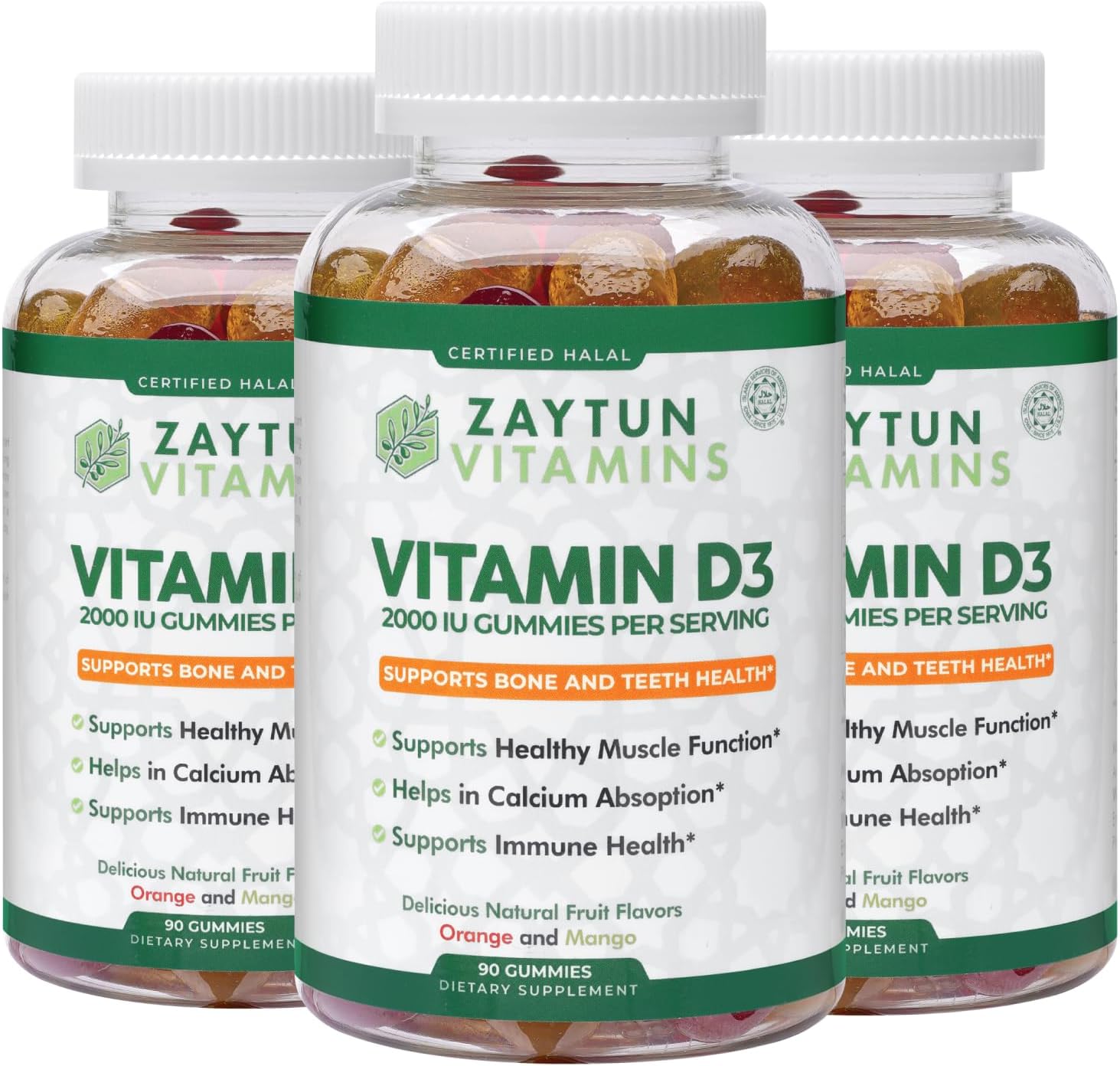 Zaytun Halal Gominolas de Vitamina D3 2000 UI - Apoyo Óseo e Inmune, Sin Gluten, 3 Envases