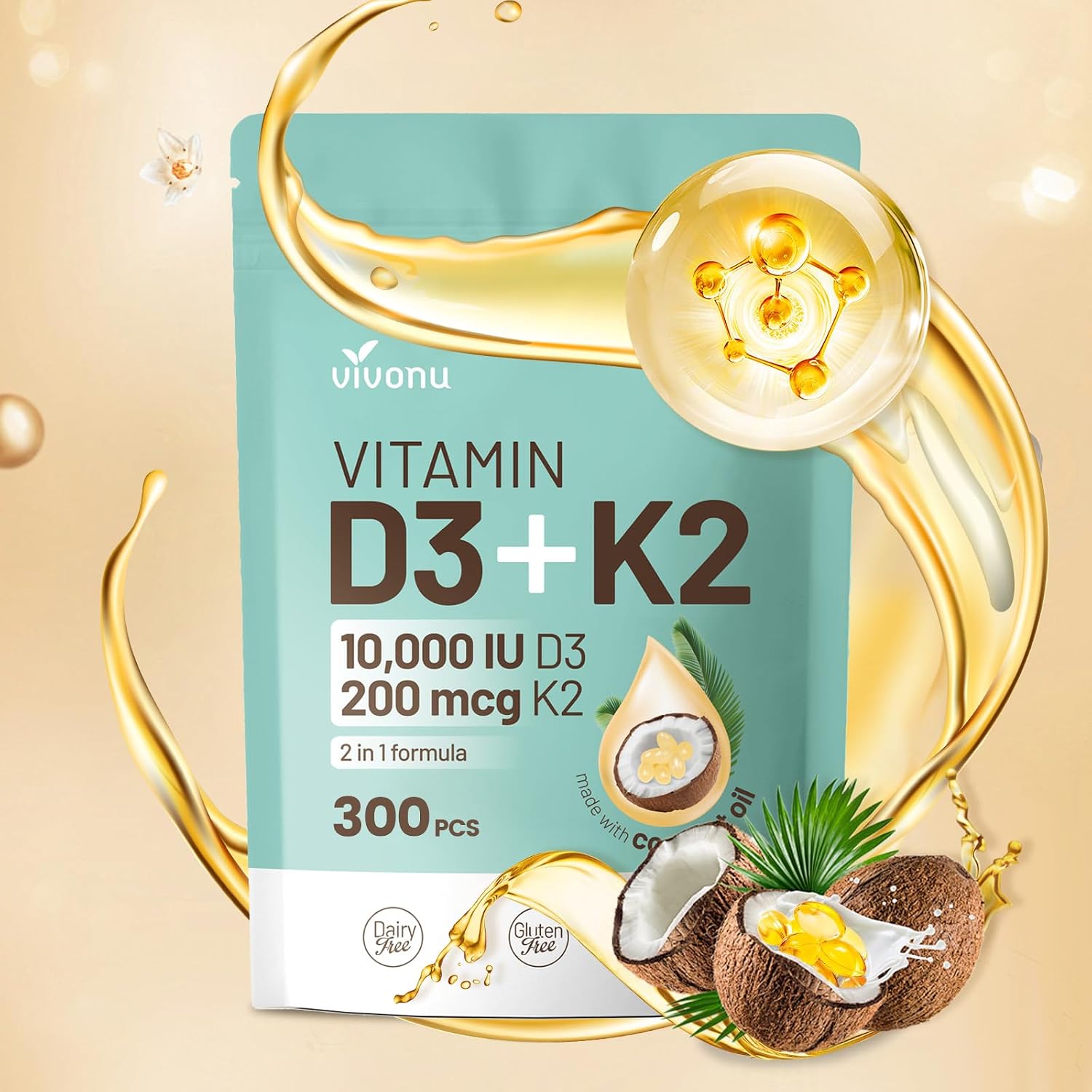 VivoNu Vitamina D3 K2 10000 UI con MK-7 y Aceite de Coco Virgen - 300 Cápsulas Blandas