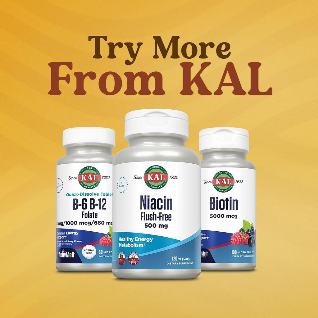 Suplemento de vitamina B-6, B-12 y ácido fólico de KAL, salud cardíaca, energía y apoyo para los glóbulos rojos*, con vitamina B12 metilcobalamina y folato, sabor natural a bayas, 60 porciones, 60 microtabletas ActivMelt