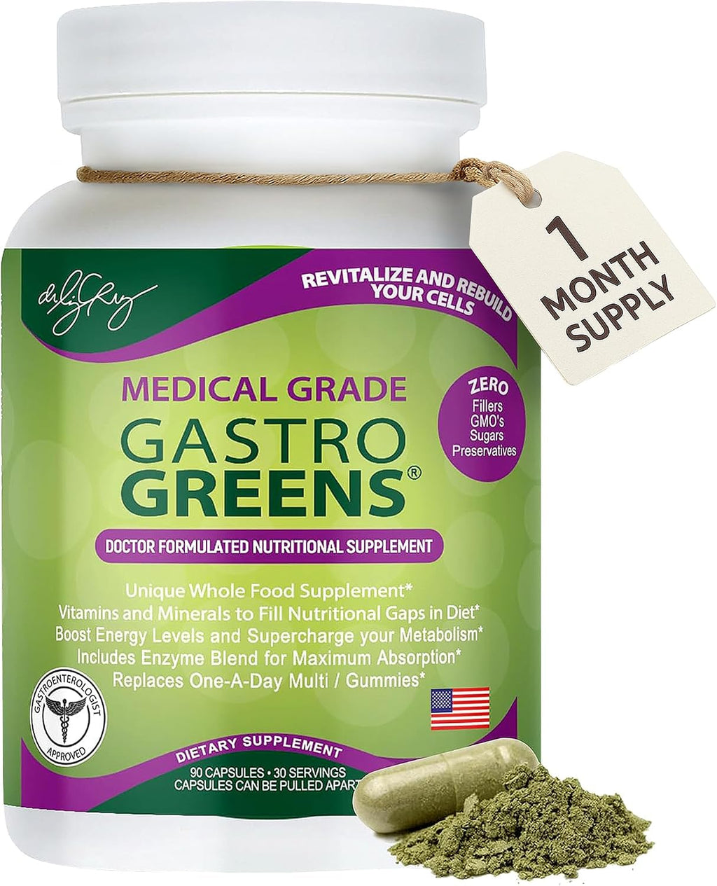 Dr. Liz Cruz Gastro Greens - Suplemento de Verduras con Enzimas, 90 Cápsulas