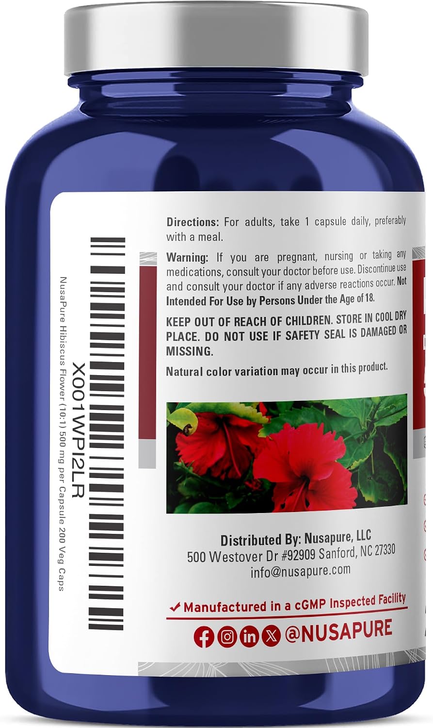 NusaPure Cápsulas de Flor de Hibisco, 500 mg, 200 Cápsulas Vegetales (No GMO, Vegano)