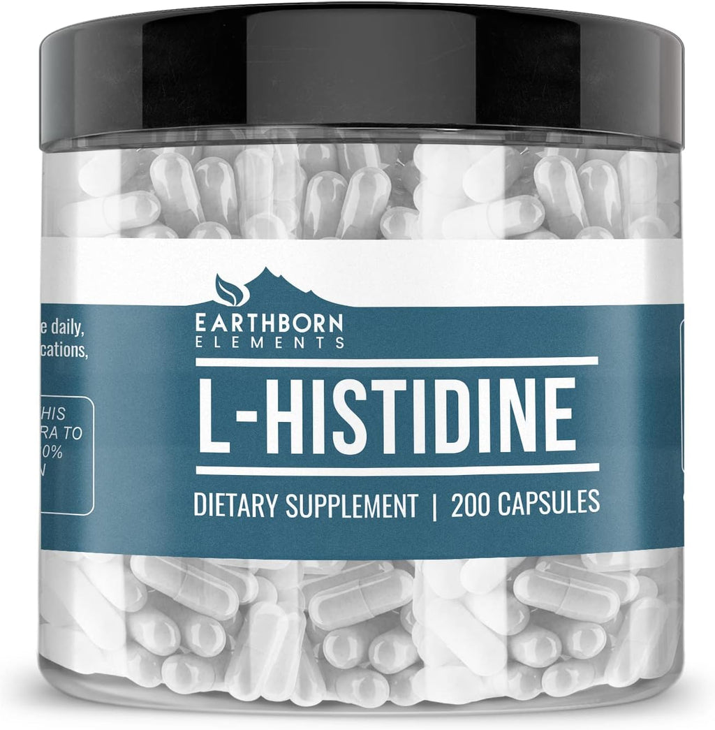Earthborn Elements L-Histidine 200 Cápsulas, Puro y Sin Diluir, Sin Aditivos