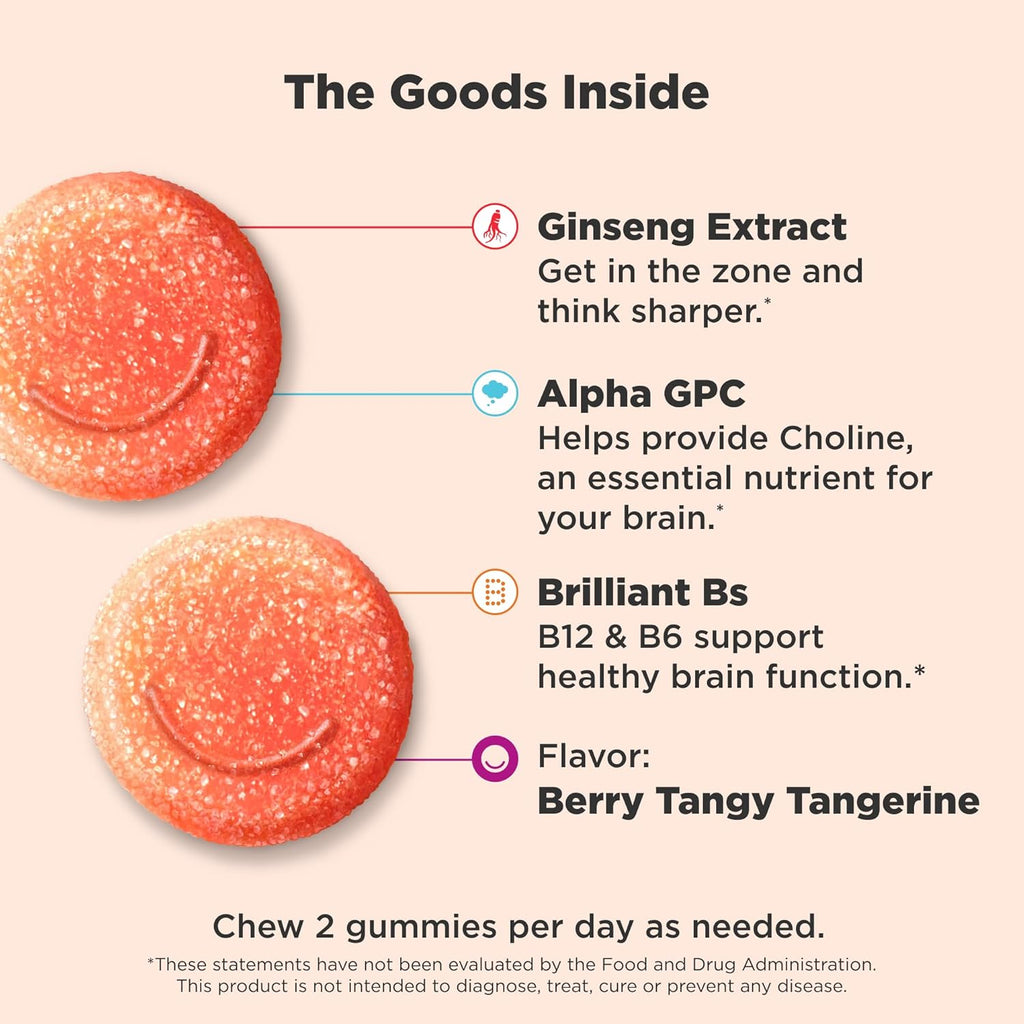 OLLY Laser Focus Gummy - Gominolas para la Concentración con Ginseng, Alfa GPC y Vitaminas B - Sabor Bayas y Mandarina - 36 Gominolas