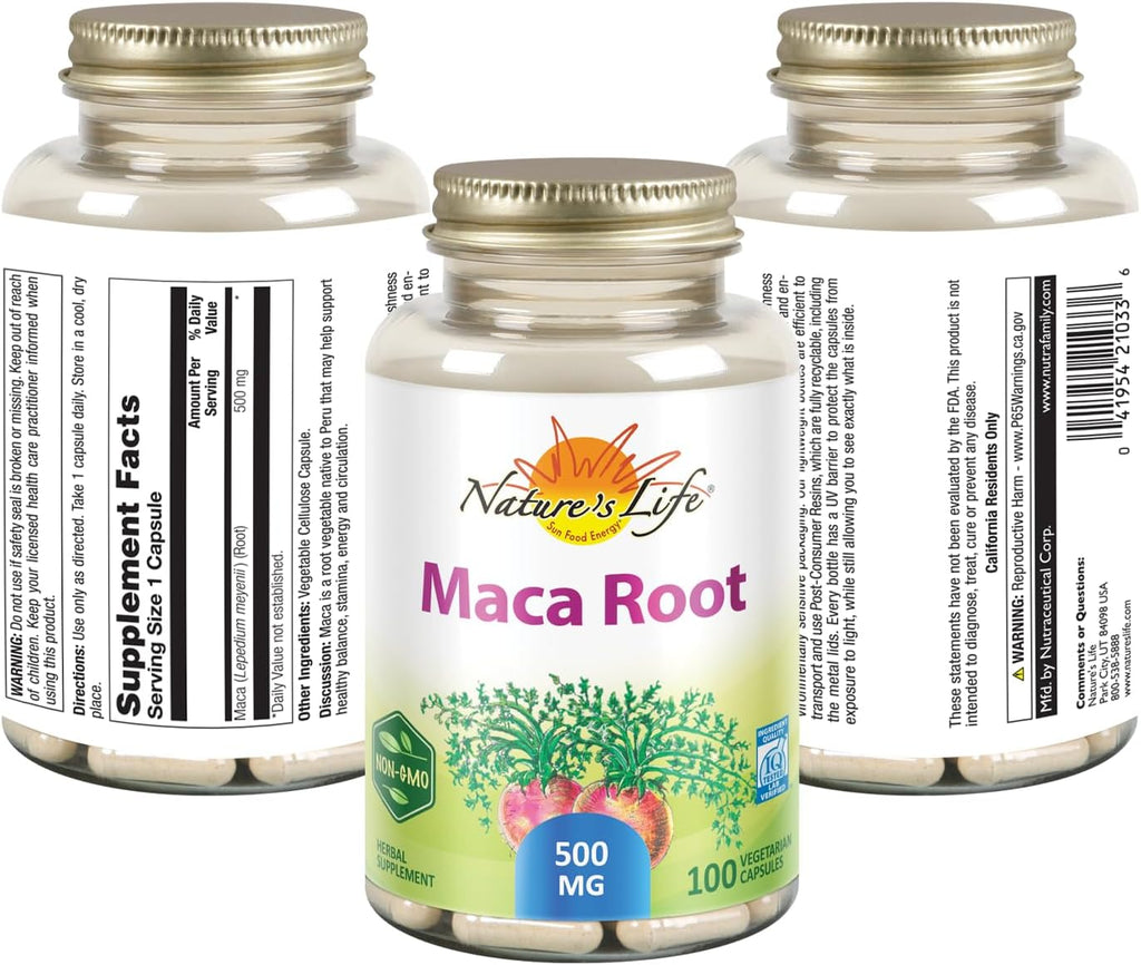 Nature's Life Maca Raíz 500mg | Energía, Vitalidad y Resistencia | No GMO, Vegano | 100 Cápsulas