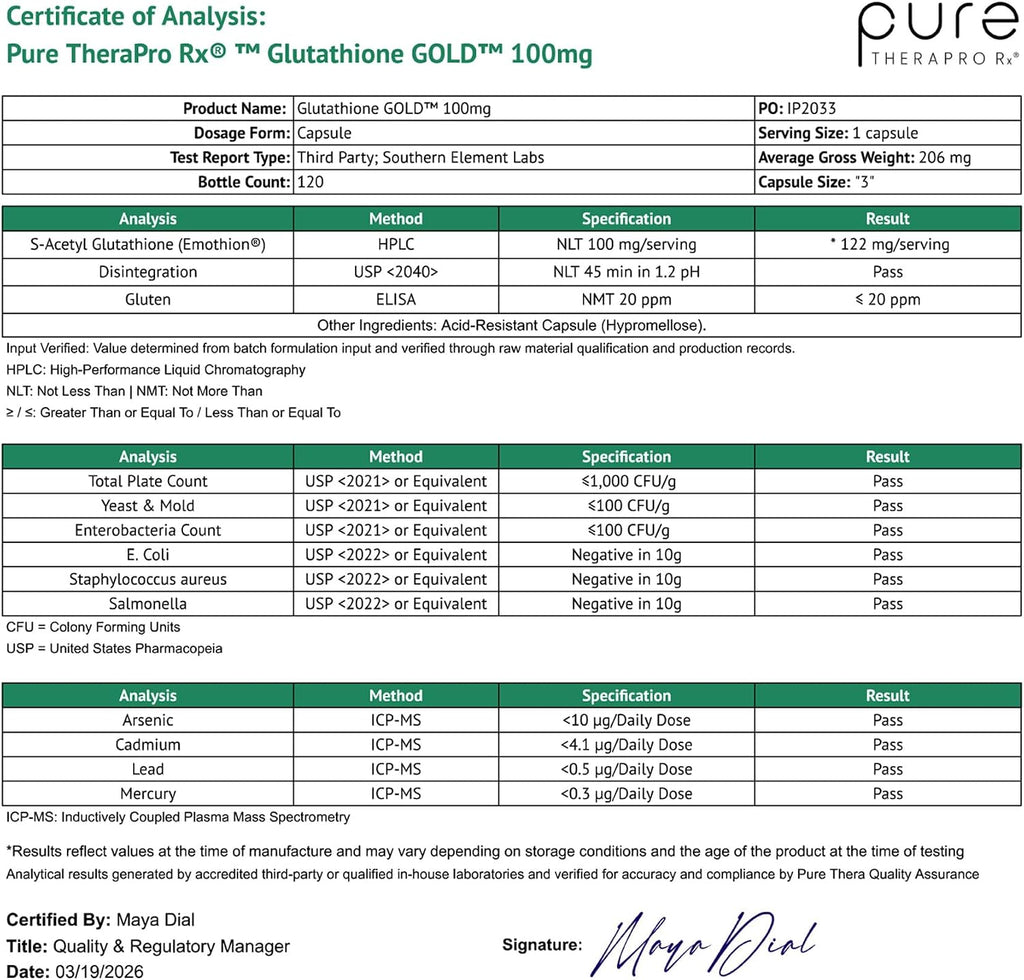Pure Therapro Rx S-Acetyl Glutathione Gold, 100mg, 120 Cápsulas