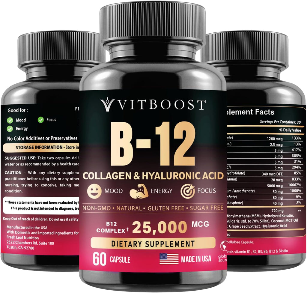 VITBOOST B12 Metilcobalamina 25000 mcg Complejo B con Colágeno y Hialurónico - Pack de 2