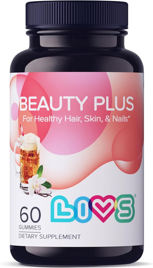 LIVS Beauty Plus Gomitas de Biotina para Cabello, Piel y Uñas, Sabor Crema Soda - 60 uds