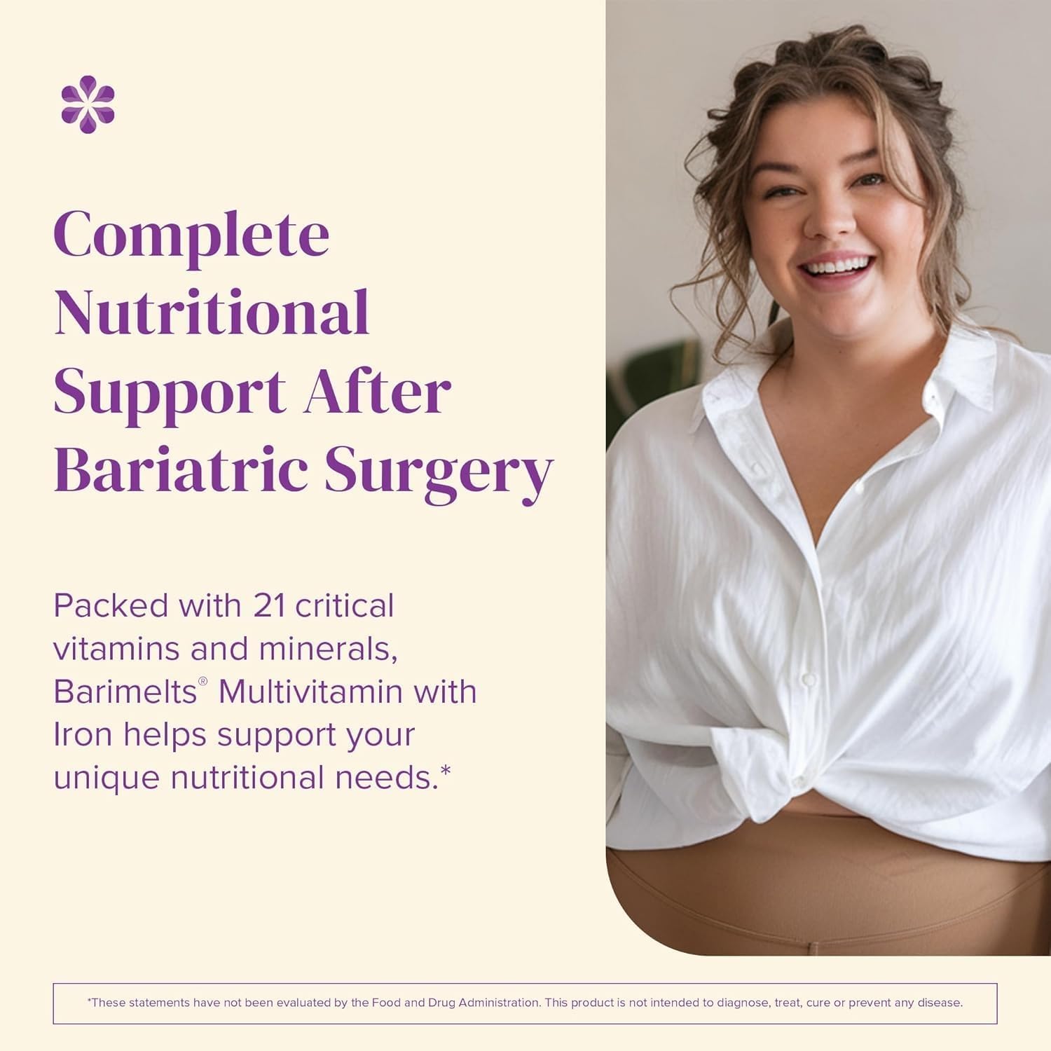 BariMelts Multivitamínico Bariátrico con Hierro - Suministro para 1 Mes (60 Comprimidos de Disolución Rápida) - Sin Azúcar - Vitaminas Postoperatorias - Sabor Natural a Arándanos