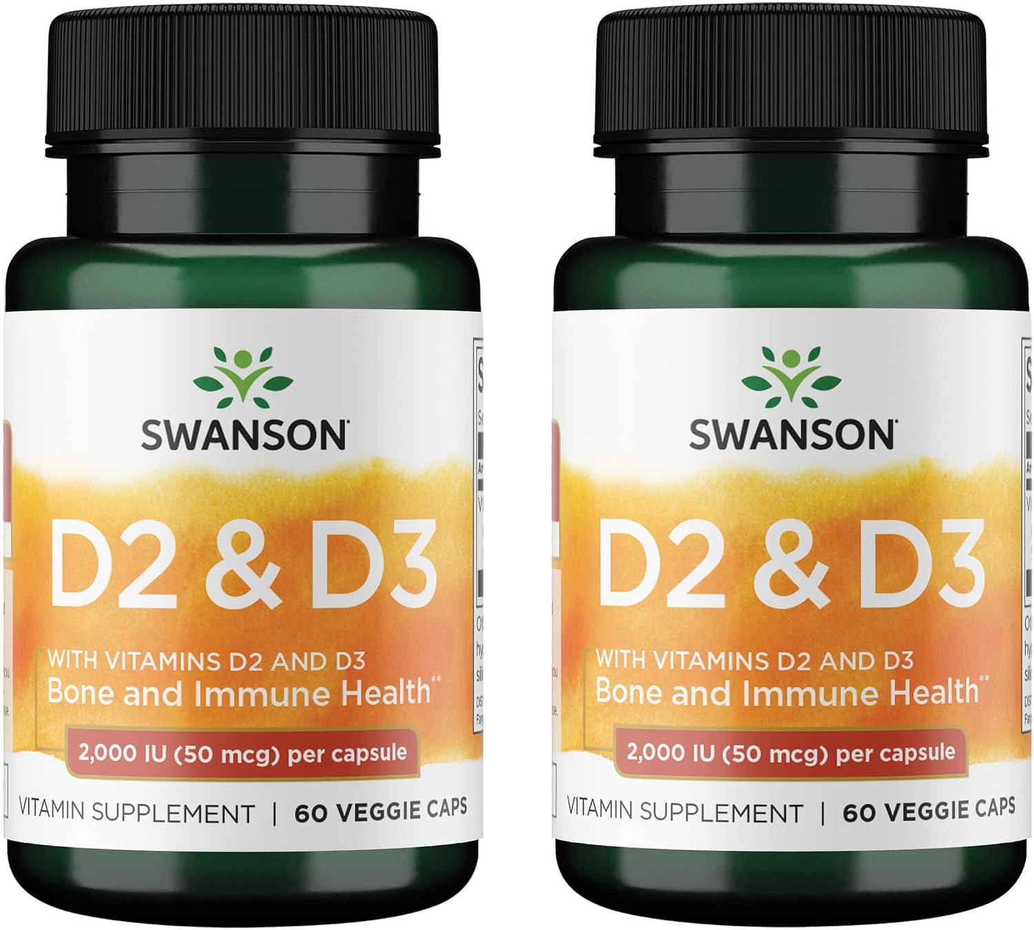 Swanson D2 y D3, 2000 UI – Suplemento para Huesos y Dientes, Apoyo Inmunitario, 60 Cápsulas Vegetales