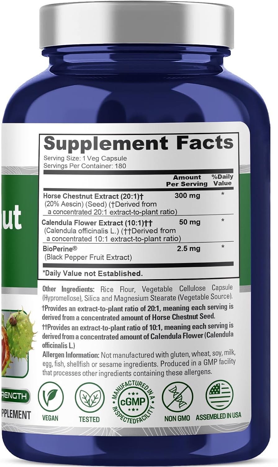 NusaPure Cápsulas de Castaño de Indias, 300 mg, 180 Cápsulas Veganas (No Transgénico, Vegano)
