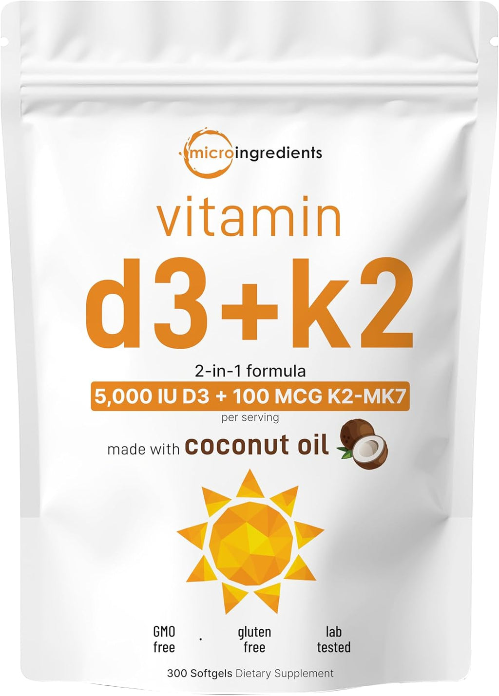 Micro Ingredients Vitamina D3 5.000 UI + K2 MK-7 100 mcg, 300 Cápsulas Blandas con Aceite de Coco Virgen