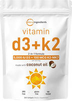 Micro Ingredients Vitamina D3 5.000 UI + K2 MK-7 100 mcg, 300 Cápsulas Blandas con Aceite de Coco Virgen