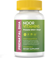 Noor Vitamins Vitaminas Prenatales Halal con DHA y Ácido Fólico, Jengibre, Hierro, 90 Cápsulas Blandas