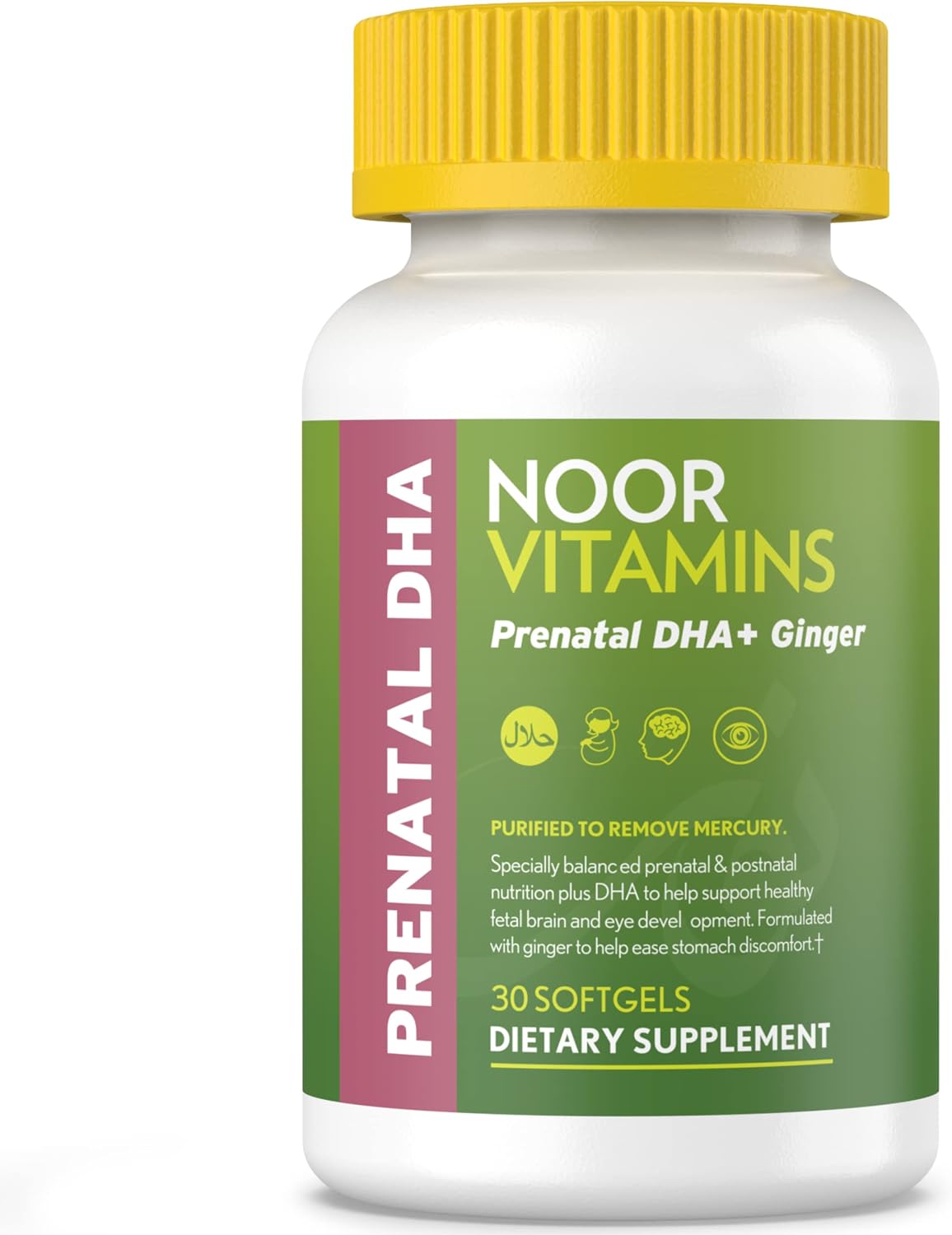 Noor Vitamins Vitaminas Prenatales Halal con DHA y Ácido Fólico, Jengibre, Hierro, 90 Cápsulas Blandas