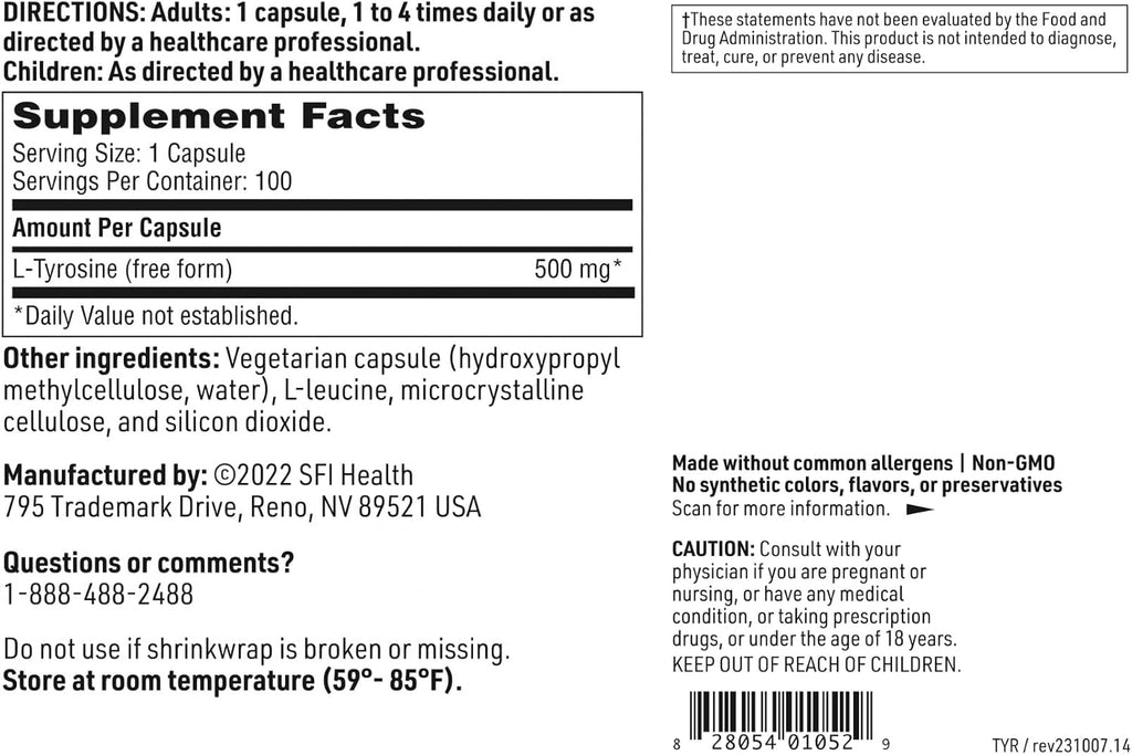 SFI Health Klaire Labs L-Tirosina 500 mg, 100 Cápsulas