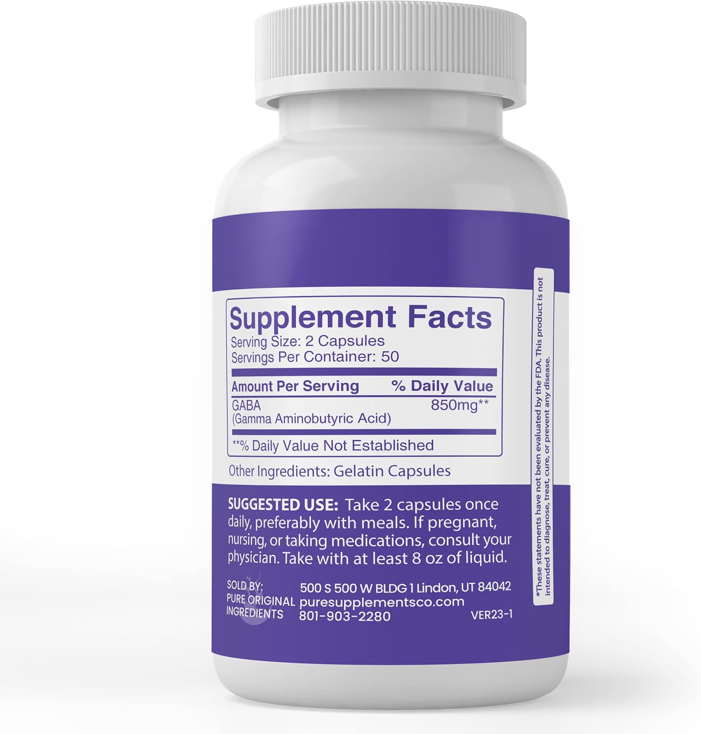 Pure Original Ingredients GABA, 100 Cápsulas - Suplemento Puro