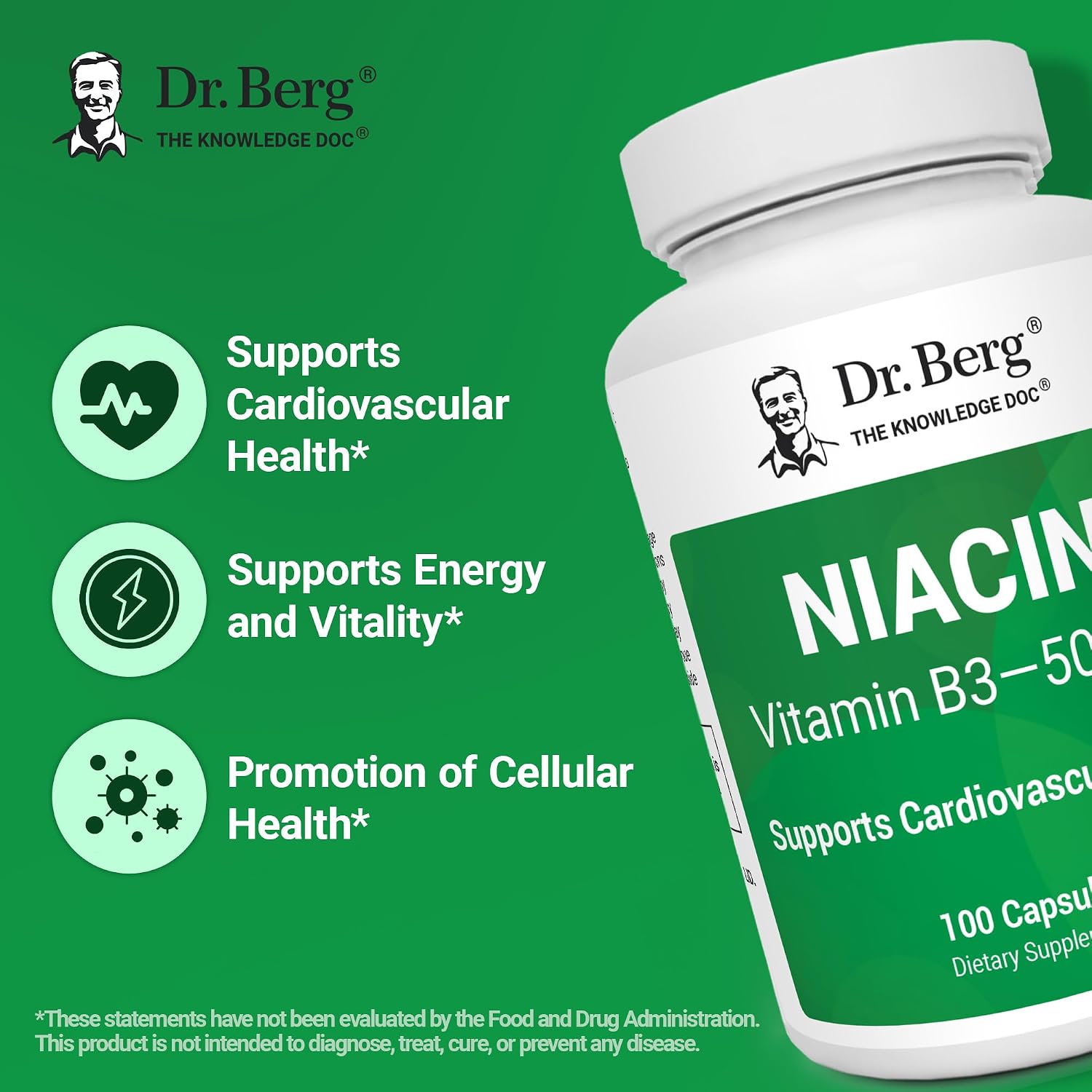 Dr. Berg Niacina de Alta Potencia 500 mg – 125 mg por Cápsula para Construir Tolerancia al Flush – 100 Cápsulas