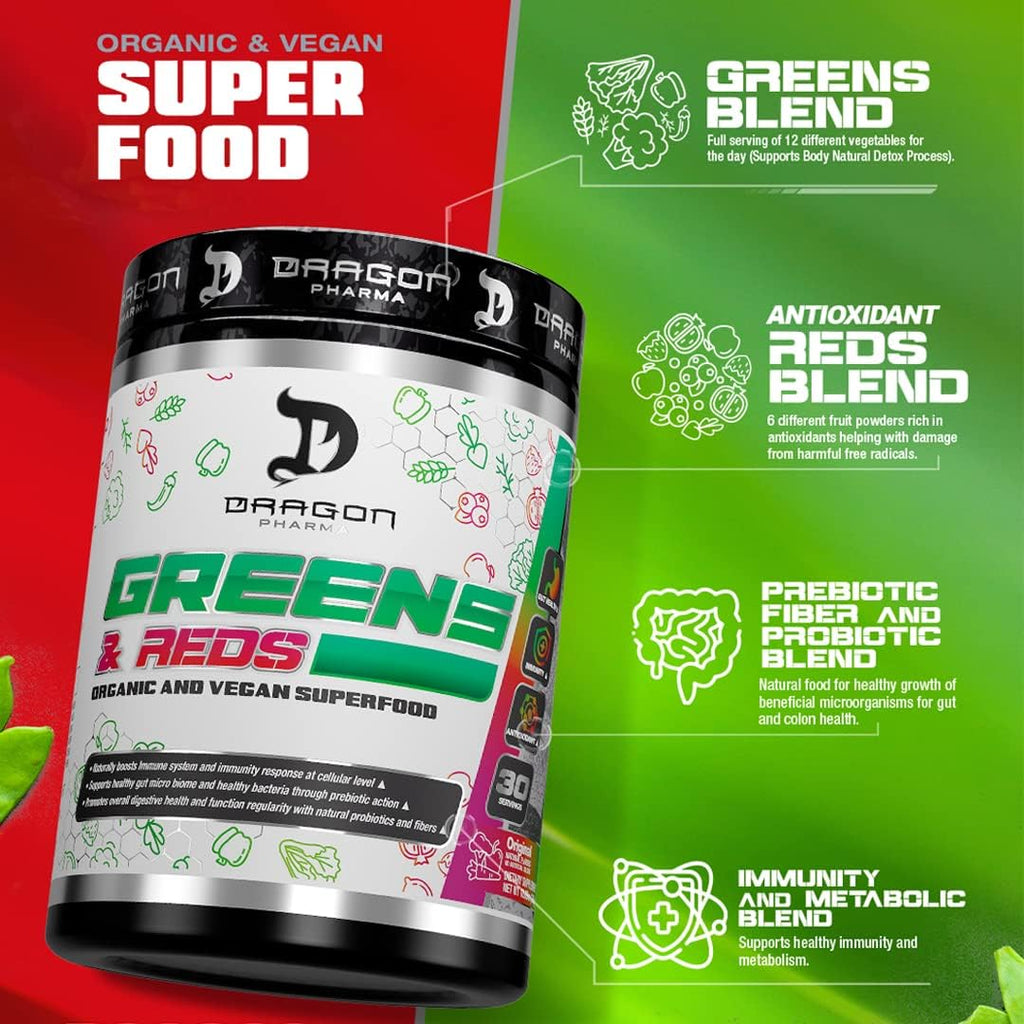 DRAGON PHARMA Greens and Reds, 23 Superalimentos Orgánicos, 30 porciones