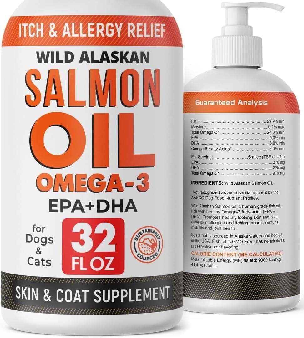 StrellaLab Aceite de Salmón para Perros y Gatos - 946 ml - Omega 3 EPA DHA - Apoyo para Piel y Articulaciones