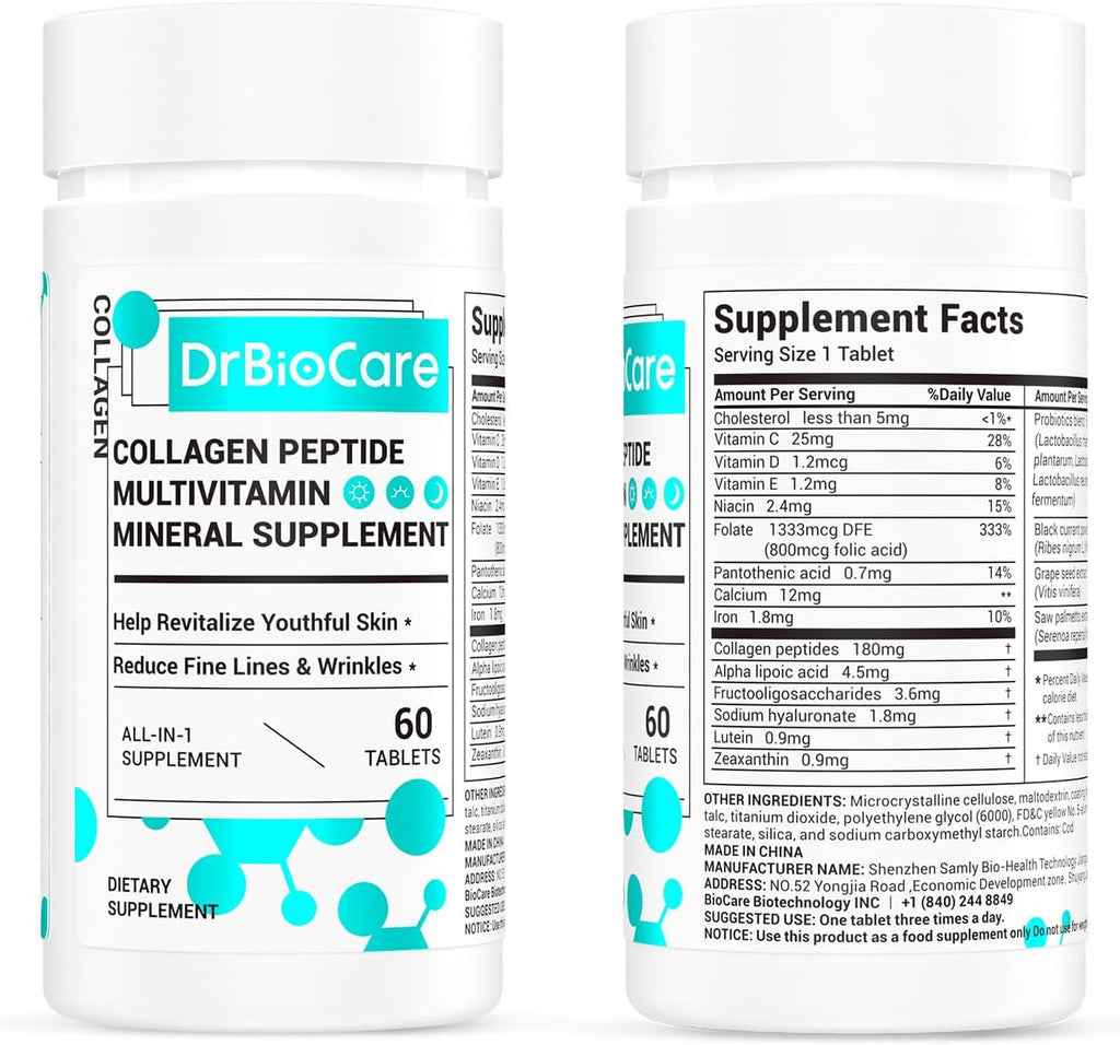 DrBioCare Péptidos de Colágeno para Mujeres - Suplemento de Belleza con Vitaminas y Minerales, 120 Comprimidos