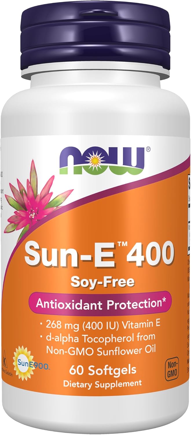 NOW Foods Sun-E 400 UI Vitamina E con d-alfa Tocoferol de Aceite de Girasol No Transgénico, 60 Cápsulas Blandas